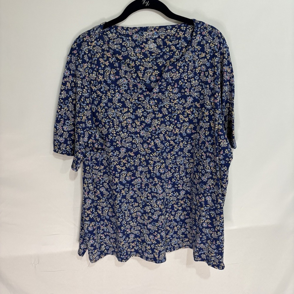 Croft & Barrow Womens 0X Blue Floral Crew Neck Short Sleeve Tee Top RN73277